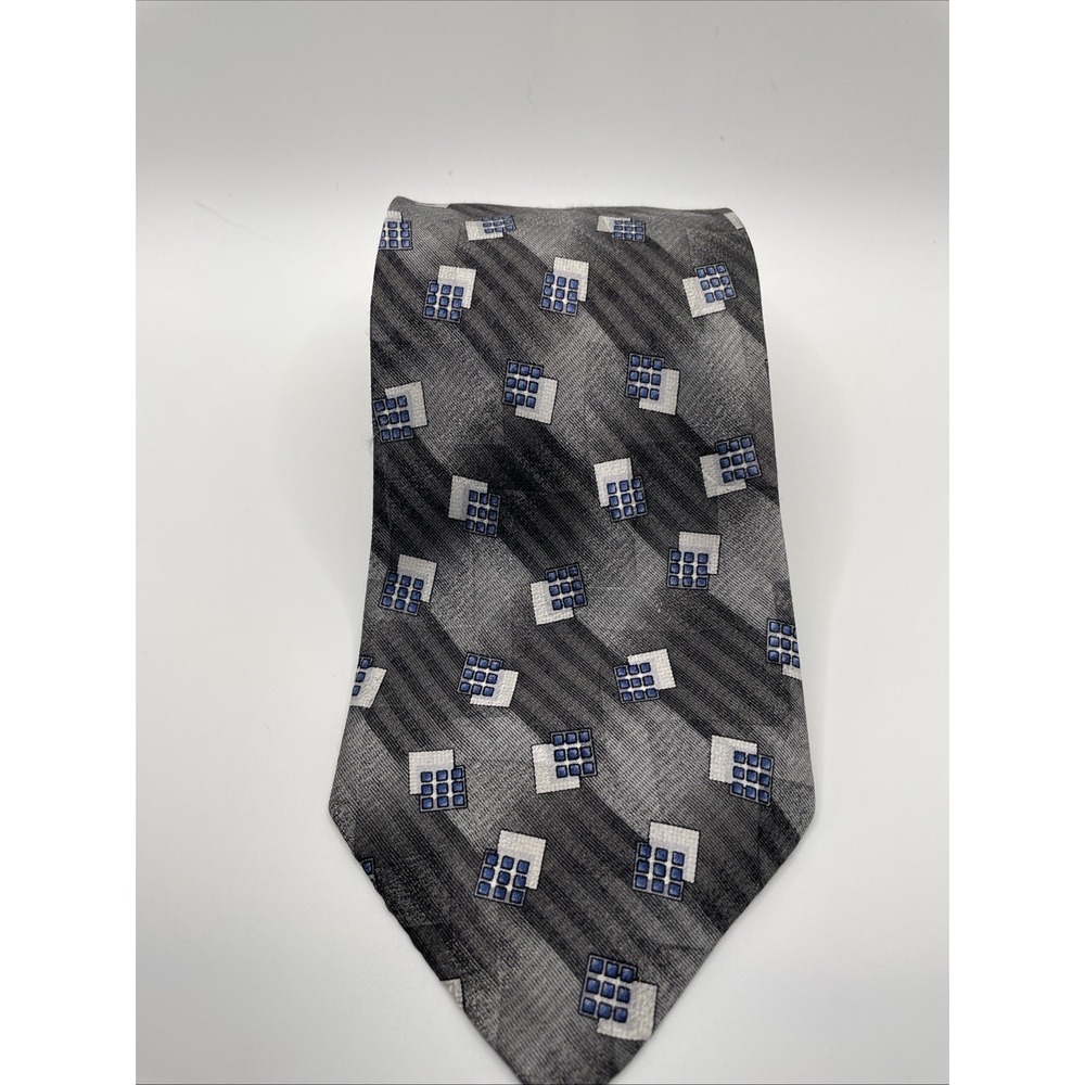 MEANSWEAR Alexander Lloyd geometric tie 100% Silk gray blue white 68x4